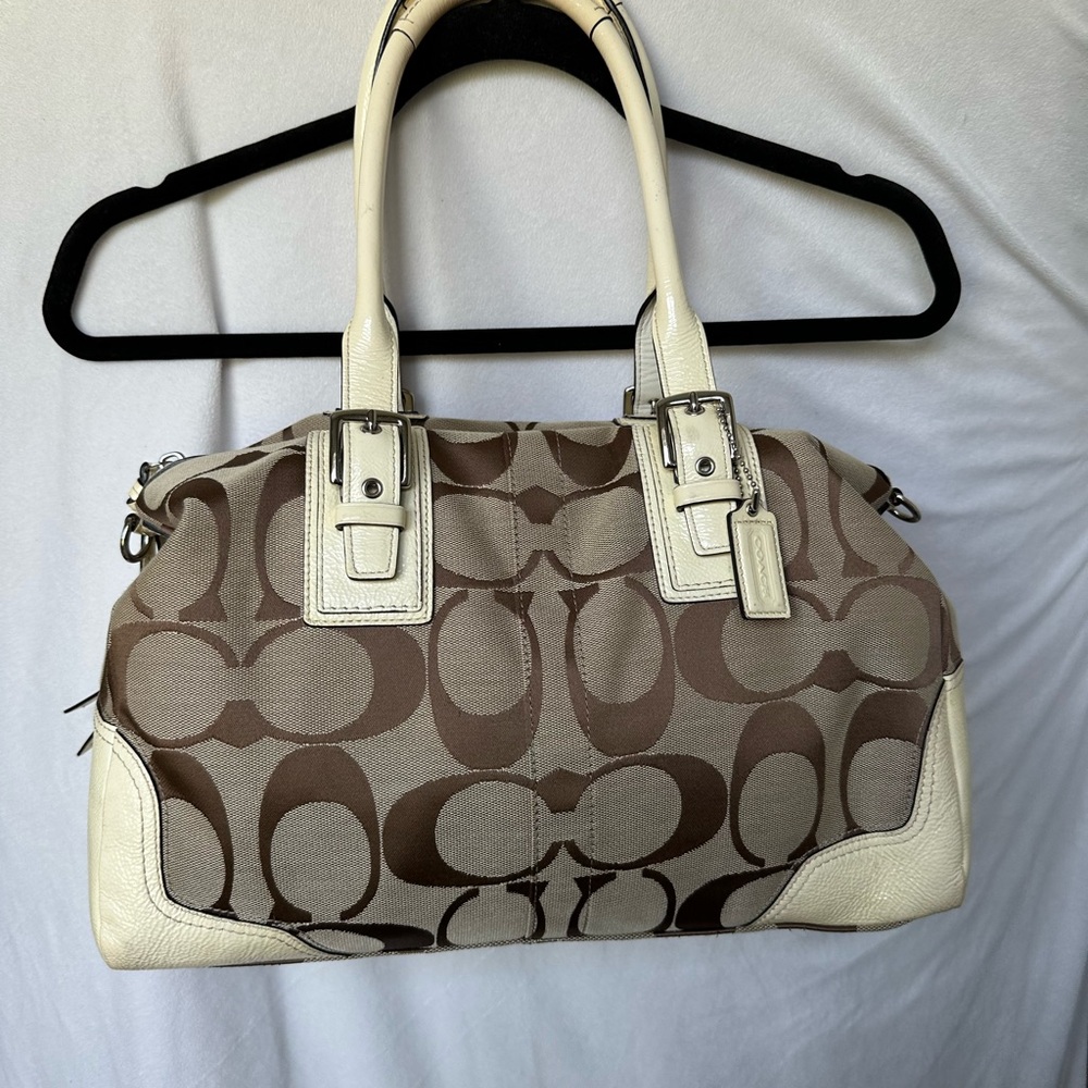 Coach F1570 Hampton Tan Monogram Canvas Cream Leather Shoulder Bag